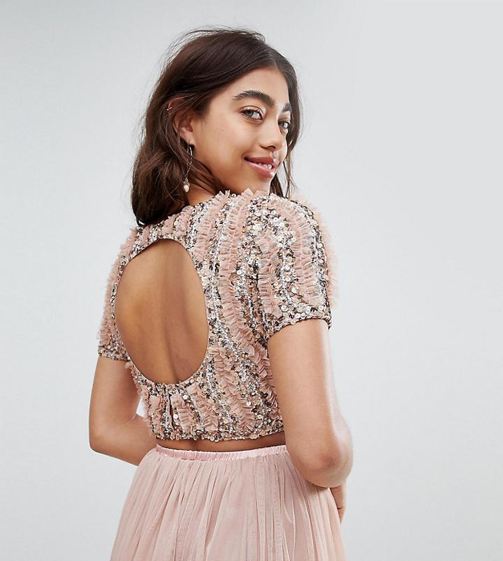 Lace & Beads Cropped Top With Ruffle Embellishment And Open Back Two-piece - Beige