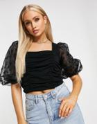 Asos Design Ruched Top With Flocked Sleeves In Black