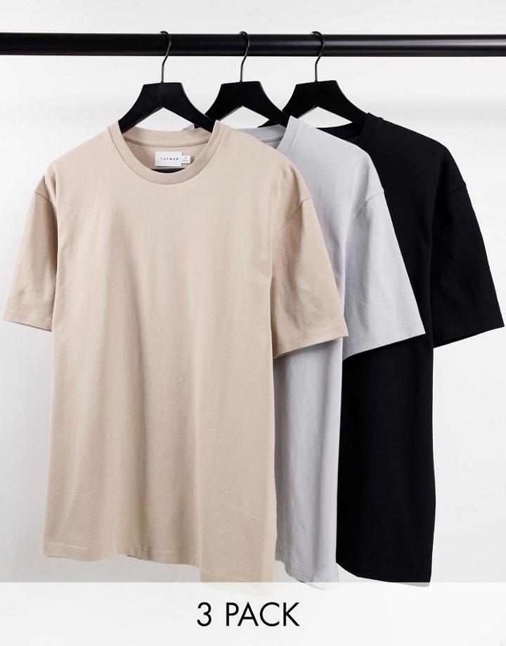 Topman 3 Pack Organic Cotton Oversize T-shirt In Black, Stone And Gray-multi