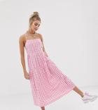 Collusion Tiered Cami Smock Midi Dress In Gingham Seersucker - Pink