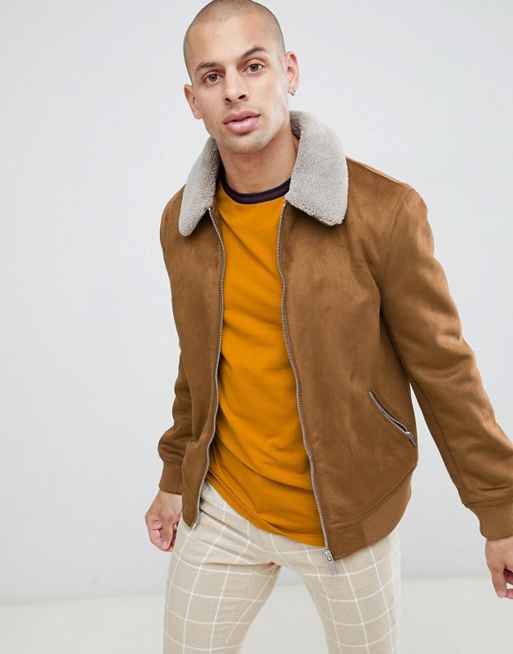 River Island Faux Suede Biker Jacket With Fleece Collar In Brown