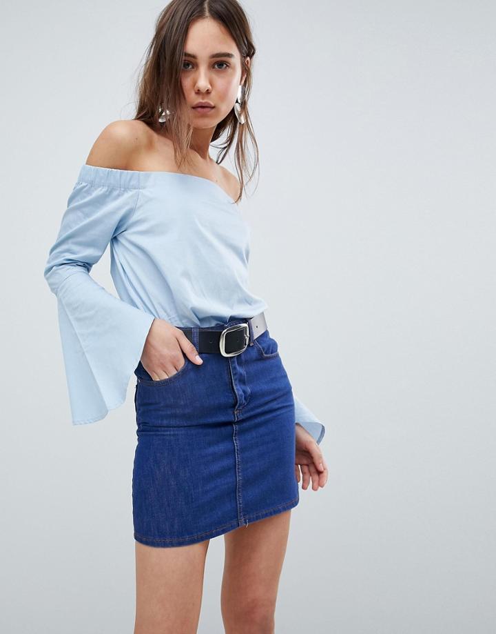Neon Rose Poplin Fluted Sleeve Bardot Top - Blue