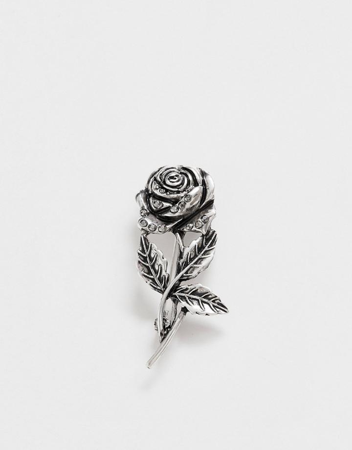 Asos Design Rose Brooch In Burnished Silver Tone - Silver