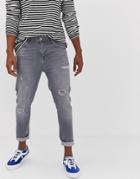 Asos Design Carrot Fit Jeans In Washed Gray With Abrasions - Gray