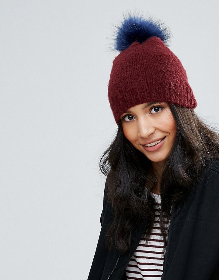 Boardmans Beanie Hat With Contrast Pom Pom - Purple