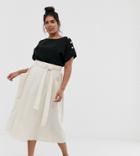 Asos Design Curve Wrap Midi Skirt With Tie Side And Pockets - Beige