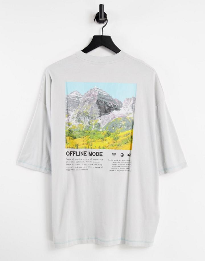 Asos Design Oversized T-shirt In Gray With Photographic Mountain Back Print-grey