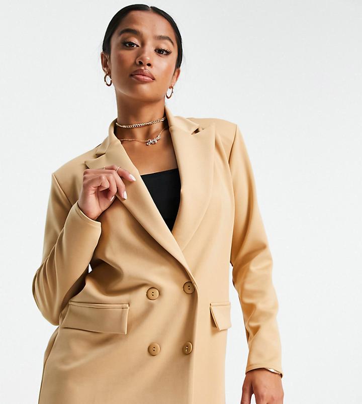 Asos Design Petite Structured Jersey Double Breasted Blazer In Camel-neutral