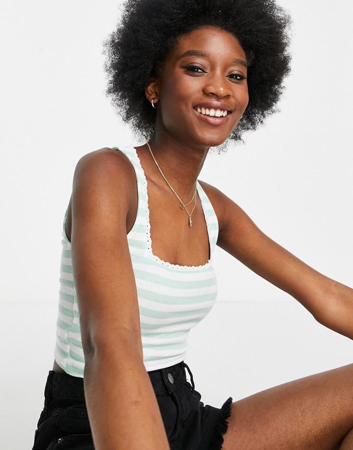 Asos Design Tank In Mint Green Stripe With Lace Trim
