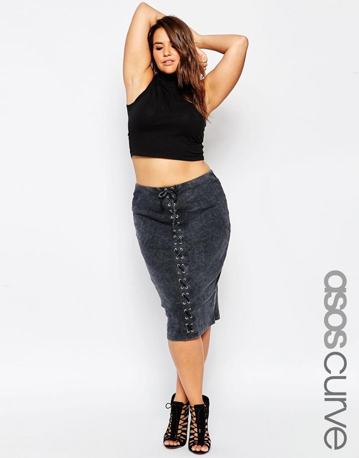Asos Curve Pencil Skirt With Lace Up Detail - Black
