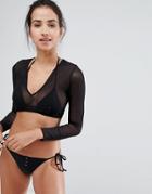 Asos Design Long Sleeve Mesh Plunge Bikini Swim Top - Black