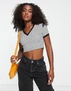 Urban Revivo V Neck Preppy Polo Top With Contrast Collar In Monochrome Check-gray