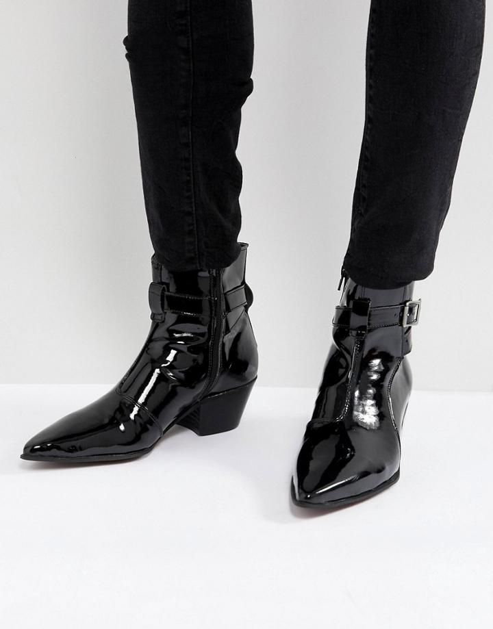 Asos Chelsea Boots In Black Patent Leather With Stacked Heel - Black