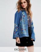 Sacred Hawk Oversized Denim Shirt Jacket With Floral Embroidery - Blue