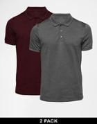 Asos 2 Pack Jersey Polo Shirt Save 20% - Burgundy/charcoal