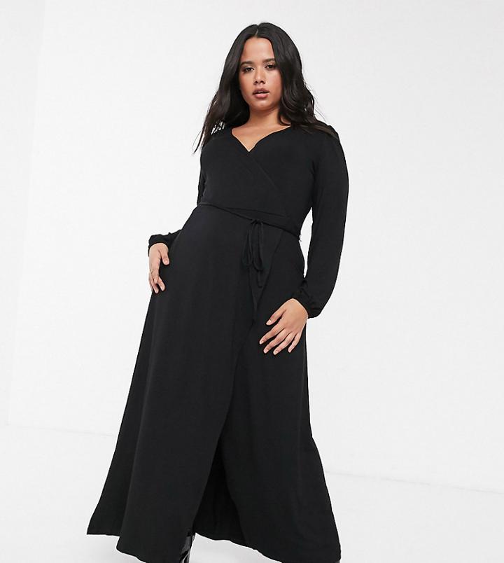 Asos Design Curve Puff Sleeve Wrap Maxi Dress With High Split-black
