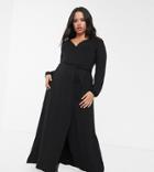 Asos Design Curve Puff Sleeve Wrap Maxi Dress With High Split-black