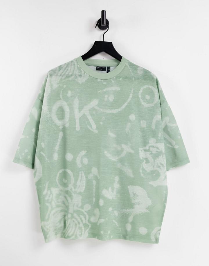 Asos Design Oversized T-shirt In Green With All-over Doodle Print