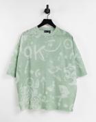 Asos Design Oversized T-shirt In Green With All-over Doodle Print