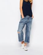 Rollas Classic Boyfriend Jeans With Ripped Knee And Rolled Hem - Blue