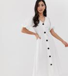 Asos Design Petite Midi Skater Dress With Puff Sleeves And Contrast Buttons - White