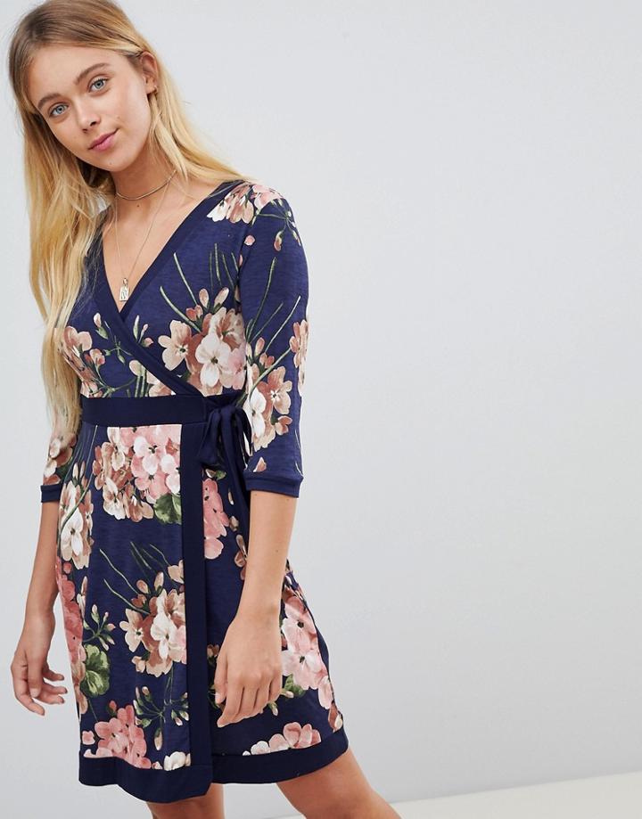 Gilli Floral Printwrap Front Skater Dress With Tie Belt - Navy