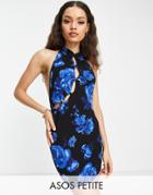 Asos Design Petite Button Through Mandarin Collar Mini Dress In Blue Floral Print-multi