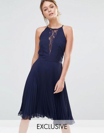 Elise Ryan Pleated Midi Dress With Lace Insert - Navy