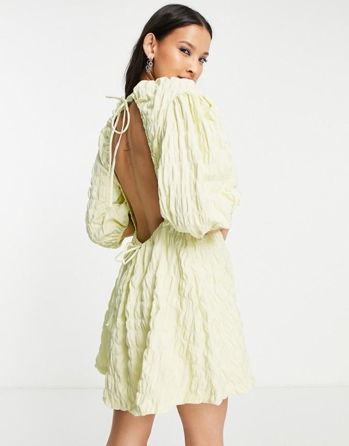 Weekday Puff Sleeve Tie Back Mini Dress In Pale Green