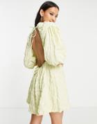 Weekday Puff Sleeve Tie Back Mini Dress In Pale Green