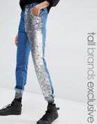 Liquor & Poker Tall Boyfriend Jeans With One Sequin Leg - Blue
