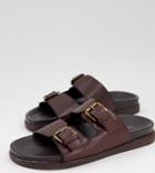 Silver Street Wide Fit Leather Double Buckle Footbed Sandals In Brown