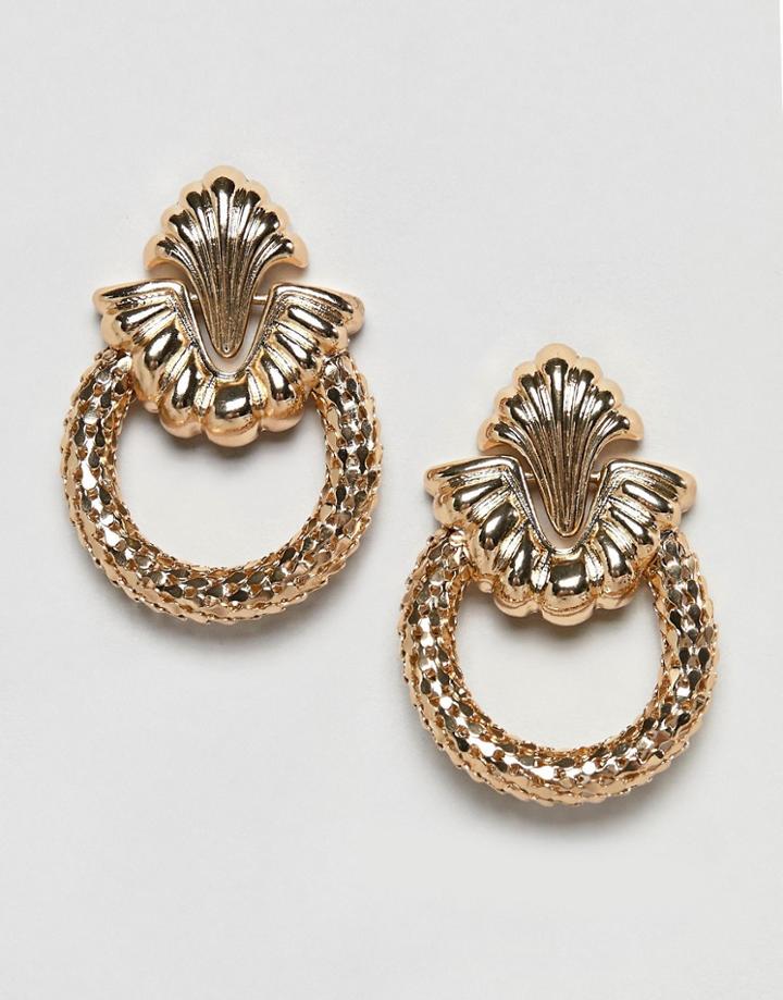 Asos Design Earrings In Vintage Engraved Design With Open Circle In Gold - Gold