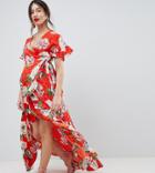 Asos Design Maternity Ruffle Wrap Maxi Dress In Floral Jacquard - Multi
