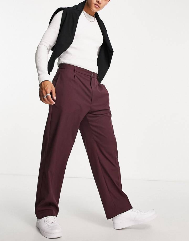 Pull & Bear Wide Leg Pleated Pants In Burgundy-auburn