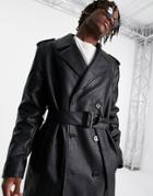 Asos Design Faux Leather Trench Coat In Black