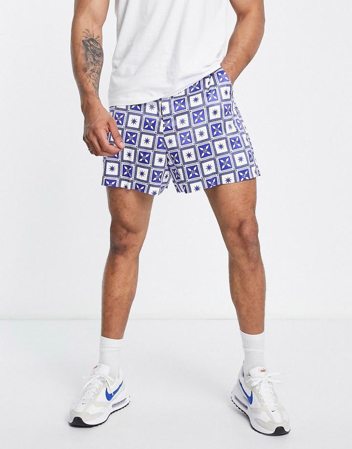 Asos Design Smart Cropped Bermuda Shorts With White And Blue Tile Print