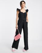 Miss Selfridge Belted Cotton Flax Jumpsuit In Black