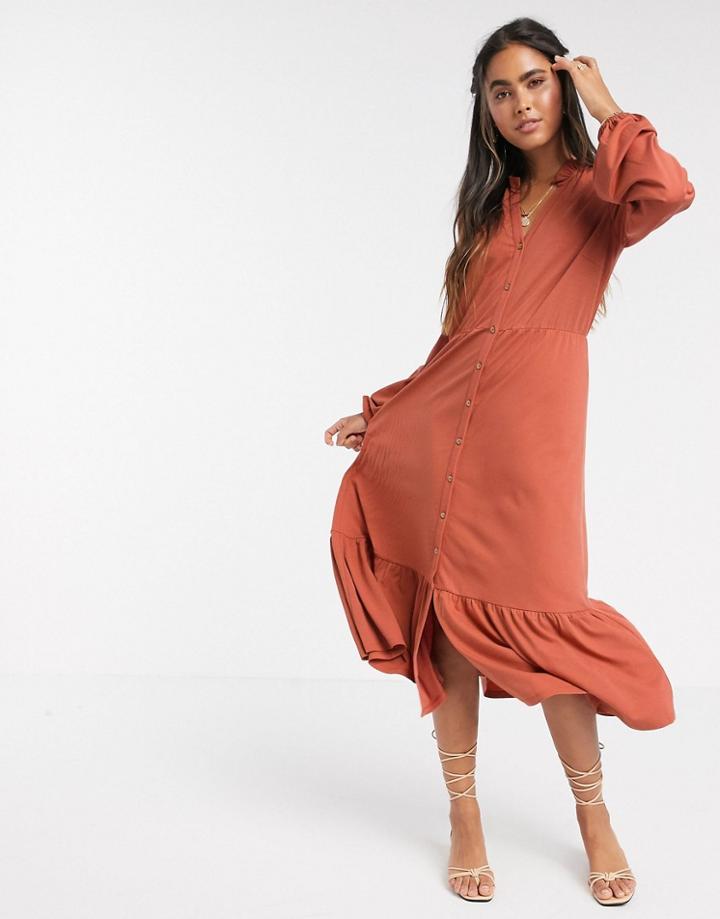 Y.a.s V-neck Button Down Midi Dress With Pephem-brown
