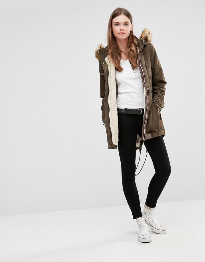 Puffa Parka With Faux Fur Trim Hood - Green