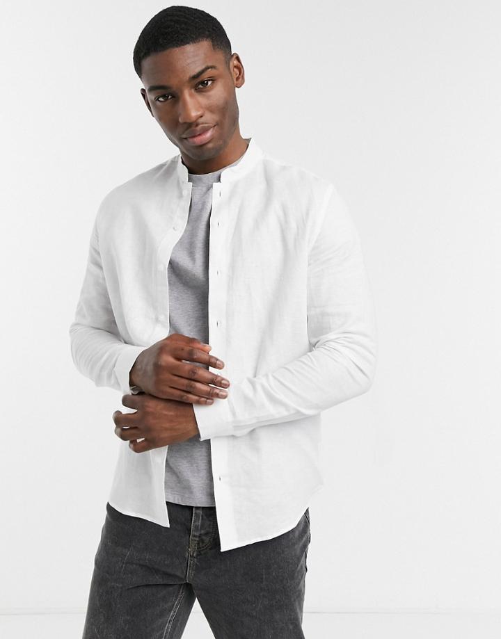 Asos Design Regular Fit Smart Linen Shirt With Mandarin Collar In White