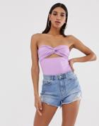 Asos Design Bandeau Body In Wide Rib With Twist Cut Out Front - Purple