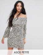 Asos Petite Off Shoulder Bodycon Mini Dress With Trumpet Sleeve In Animal Print - Multi