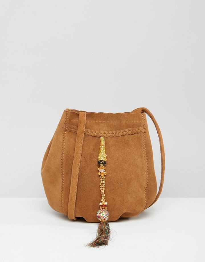 Park Lane Embellished Tassel Suede Bag - Tan