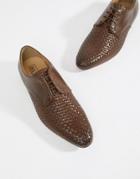 Asos Design Lace Up Shoes In Brown Leather With Woven Detail - Brown