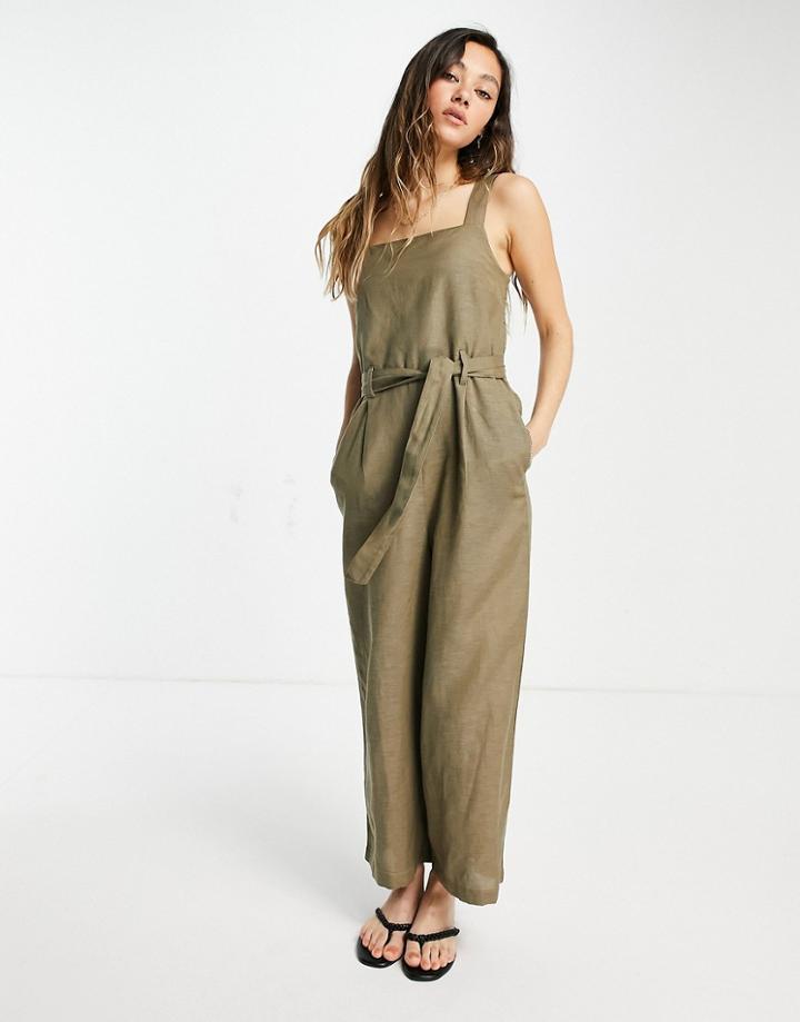 Only Crop Jumpsuit With Tie Waist In Khaki-green