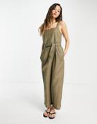 Only Crop Jumpsuit With Tie Waist In Khaki-green