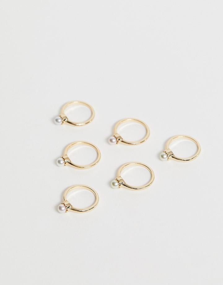 Asos Design Pack Of 6 Rings With Color Pearls In Gold Tone - Gold