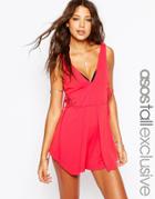 Asos Tall Exclusive Beach Romper With Lace Up Side And Cut Out - Coral
