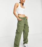 Topshop Petite Relaxed Low Slung Cargo Pants In Khaki-green